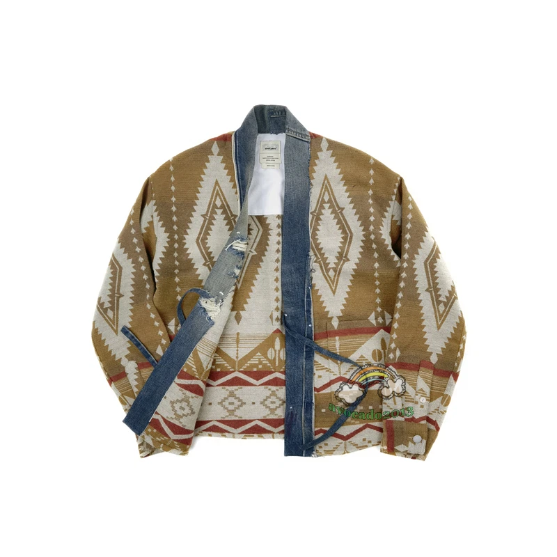 Men's Taoist Robe Jacket with Denim Patchwork Jacket Pocket Ethnic Style Shirt - Imagem 2 de 4