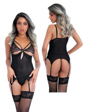 Corsetto con perizoma e reggicalze guepiere in rete pizzo lingerie trasparente
