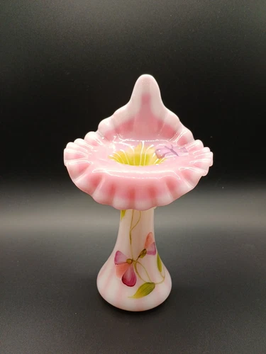 #24/100 Rare Fenton Pink Spiral Optic Jack in the Pulpit Butterfly Vase