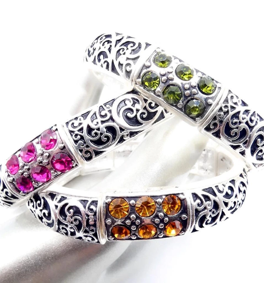 Brazalete Brazalete Elástico Filigrana Negra Chapado en Plata Cristales de Diseñador CLÁSICO Foto 2 de 4