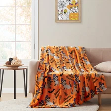 Kate Aurora Halloween Orange Spooky Cats & Broomstick Plush Accent Throw Blanket