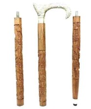 Vintage Fancy Hand Carved Walking Stick Wooden Cane Victorian Brass Handle