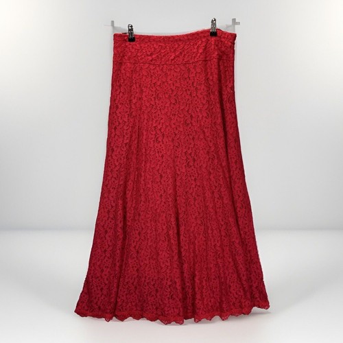 Susan Graver Lace Maxi Skirt M Red Stretch Lined Witchy Whimsigoth Festive Sexy