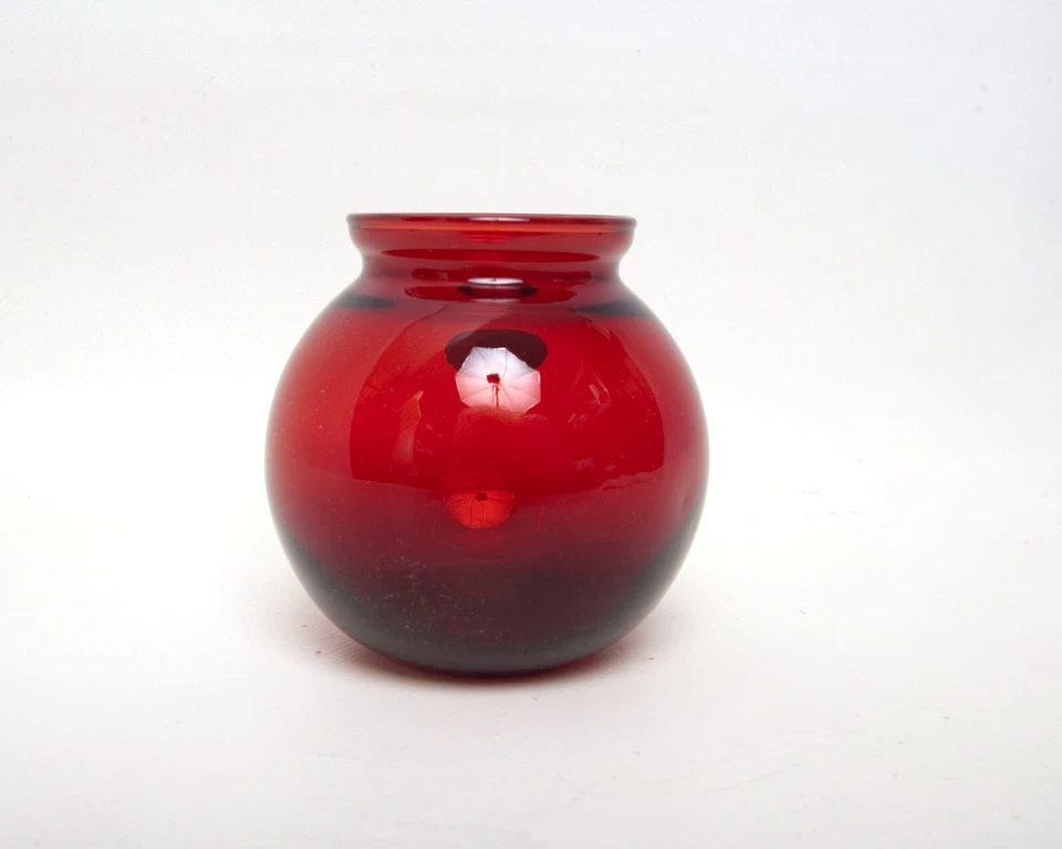 Vintage Anchor Hocking Glass Royal Ruby Red Ball Vase Some Scratches 3.75"H - Image 3 of 4