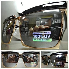 Oversized CLASSIC VINTAGE RETRO Style SUNGLASSES Large Square Black & Gold Frame
