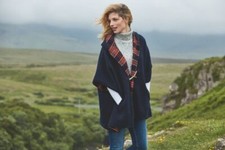 Fat Face Navy Mix Check Lining Wool Blend Duffle Toggle Hooded Cape M/l 14-18