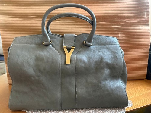 Yves Saint Laurent Y Ligne Handbag Shoulder Bag Gray Leather 2way Gold Women's