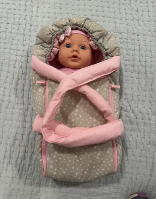 Adorable Baby Doll in Cozy Star-Patterned Bunting Carrier   Perfect for Pretend