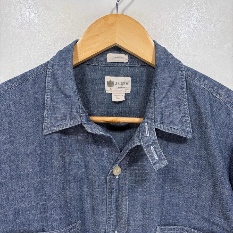 J. Camisa Crew A Medida Calce Cambray Botón Hombres Medio Azul Barbijo Algodón Foto 3 de 4