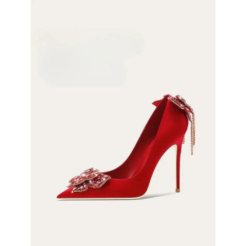  Women High Heels Chinese Red Tassel Rhinestone Fashion Wedding Shoes - Picture 3 of 8