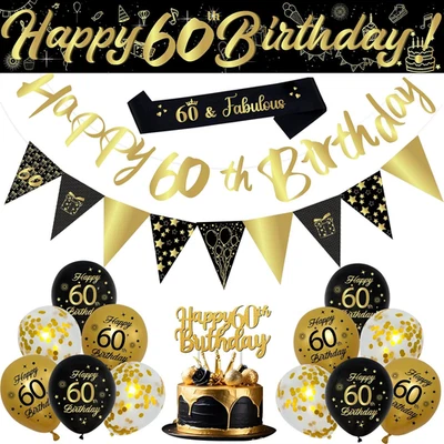 60th Birthday Decoration Set 18pcs Black Gold Balloons Kit Cake Topper Men&women