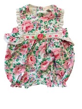 Vintage Baby Girl bubble With Ruffled White trim Ribbon Rose Size 12 Mos 1990s