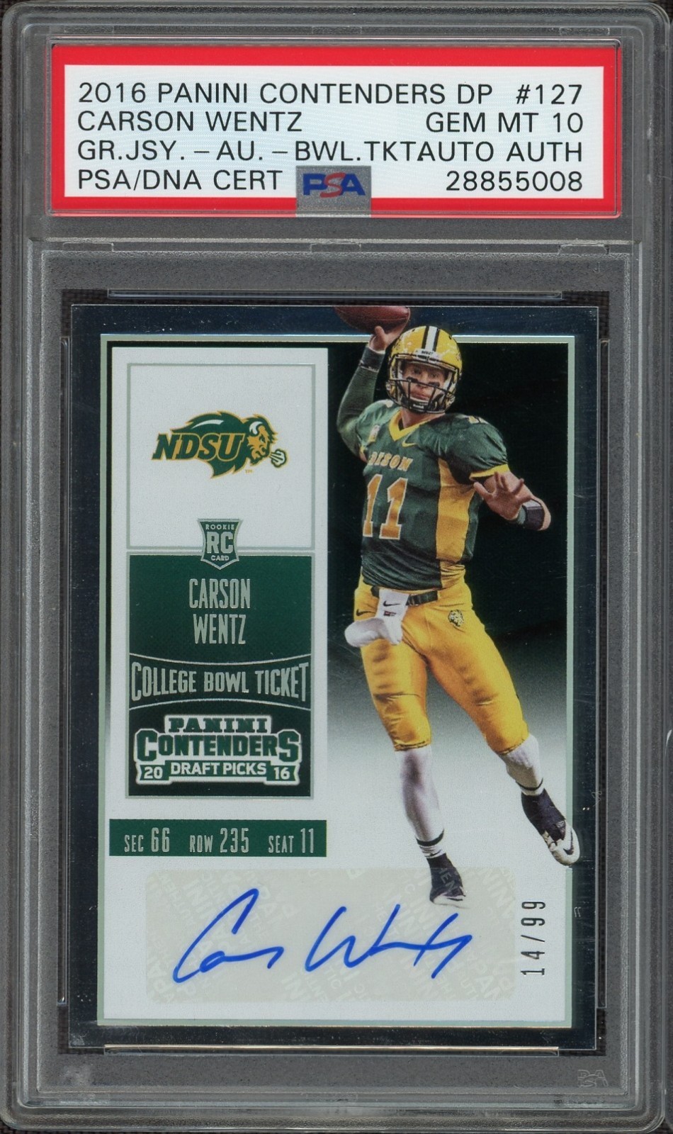 Carson Wentz Panini Contenders Draft Picks #127 Autograph-Bowl Ticket