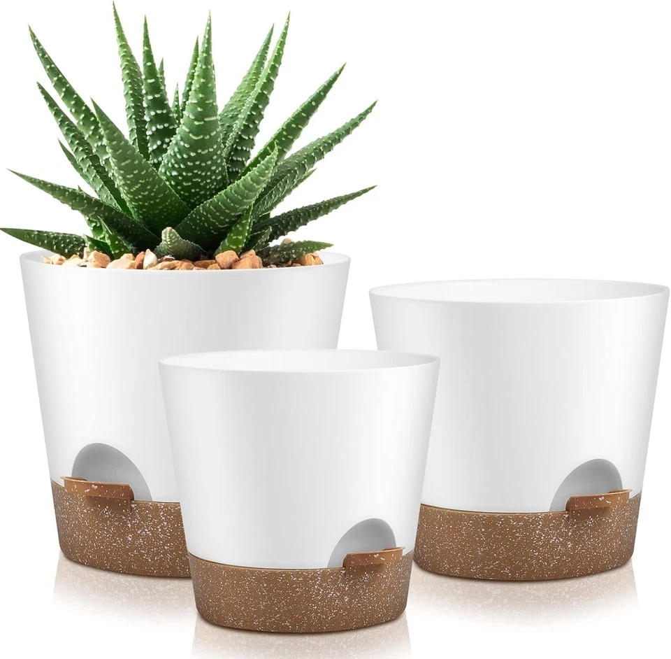 Modern Self-Watering Plant Pots with Drainage, 3-Pack - Sizes 9, 8, 7.5 Inches - Image 3 of 4
