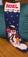 Vintage NOEL Snowman Reindeer Needlepoint Christmas 20" Stocking