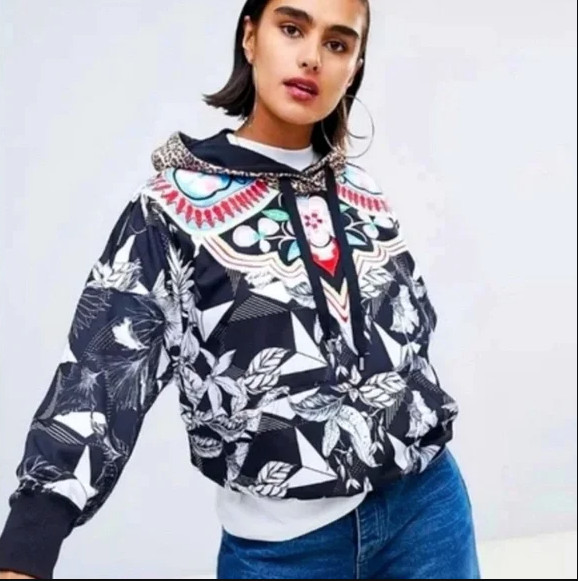 Adidas x Farm Rio Womens Small Hoodie Sweatshirt Floral Leopard Print Pullover image 5