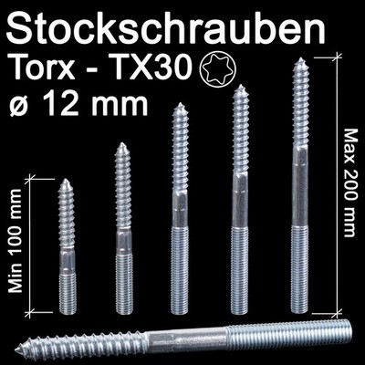 Stockschrauben M12 TORX TX30 Schraubstifte L 100mm - 200mm Stahl Rundkopf