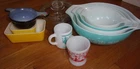 Glasbake chicken PY Daisy pcs & Butterprint set & saucepot/lid & 2 mugs