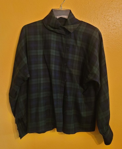 Guy Laroche, Vintage Guy Laroche Navy Plaid Blouse EU34 US 2-4 Made In France Wool Blend EUC