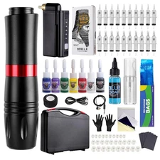 Tattoo Pen Kit Rotary Gun Machine, Wireless Power Supply 20Pcs Cartridge 7 Inks