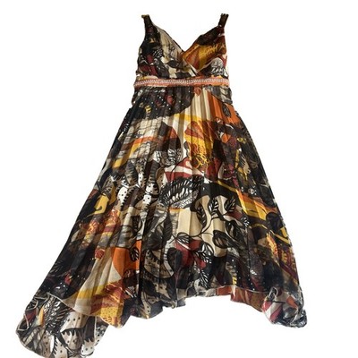 Rinascimento Italy Dress Women's S Brown Orange Beaded Empire Lined Pleated Zip