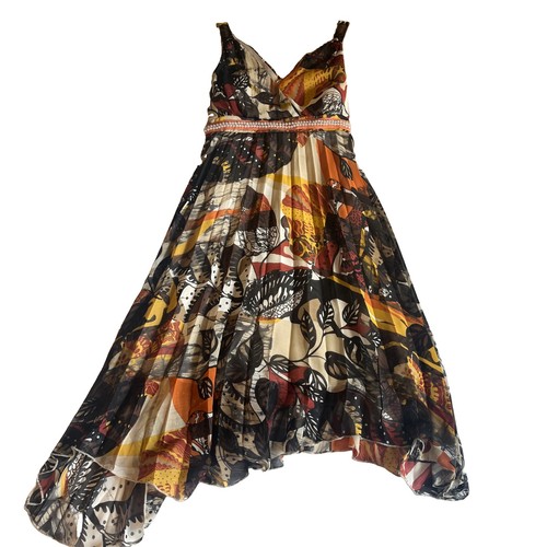 Rinascimento Italy Dress Women's S Brown Orange Beaded Empire Lined Pleated Zip
