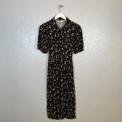 Boden Women 6 Black Yellow Floral Puff Sleeve Jersey Shirt Dress Belted Pockets
