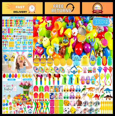 100 Pack Prefilled Easter Eggs with Toys - Surprise Golden Egg Fillers, Party Fa