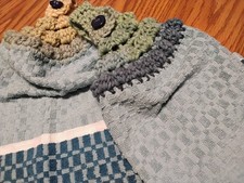 Turquoise White Gray 2 Hanging Kitchen Dish Towels Set Crochet Tops Handmade