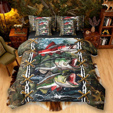 Camo Bedding Set Queen Bass Pike Fish Bed in a Bag Queen Comforter Set 7 Piece 