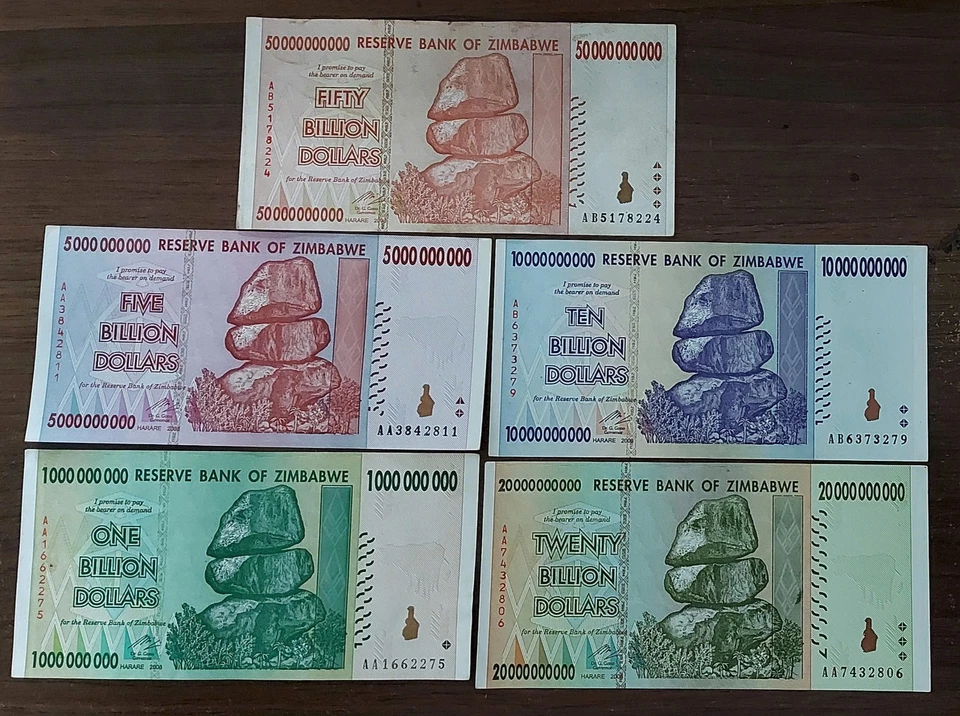 Set 5pcs 2008  1.5.10.20.50 billion Xf DOLLARS ZIMBABWE - Image 2 of 2