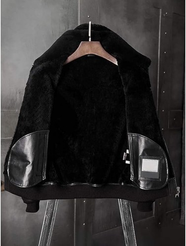 Męska czarna kurtka bomberka B3 Flight Fur Shearling Aviator Skóra owcza Skórzany płaszcz - Zdjęcie 5 z 8