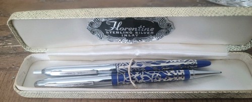 Sterling Silver Inlay Florentine Blue Pen And Pencil Set Hollywood