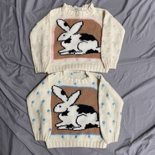 VTG Lot Of 2 Blarney Ltd Hand Knit Kids Bunny Sweaters Pink Blue Youth S/M READ