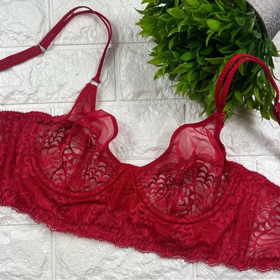 NUEVO Sujetador de línea larga con aros Calla de encaje transparente rojo La Perla Studio talla 34B Foto 2 de 4