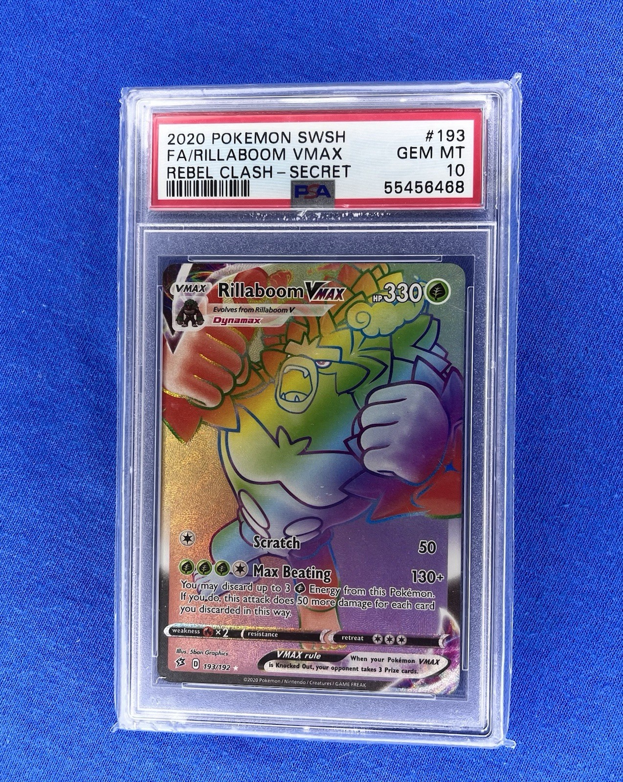 2024 Pokemon TCG Rillaboom VMAX (Secret) 193/192 Swsh02: Rebel Clash Holo PSA 10