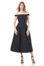Kay Unger Carina Black Floral Jacquard Off-Shoulder Tea Length Cocktail Dress 14