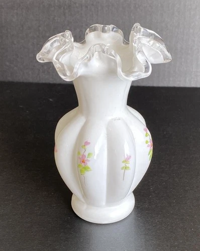 Vintage Fenton White Silver Crest Vase Hand-Blown Hand-Painted Flowers 6”