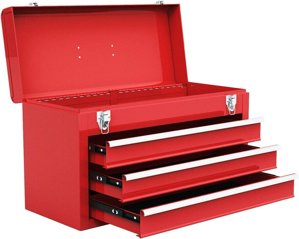 Portable Steel Tool Box, 20.5'' Toolbox W/ 3 Drawers & Top Storage Tray, Tool St