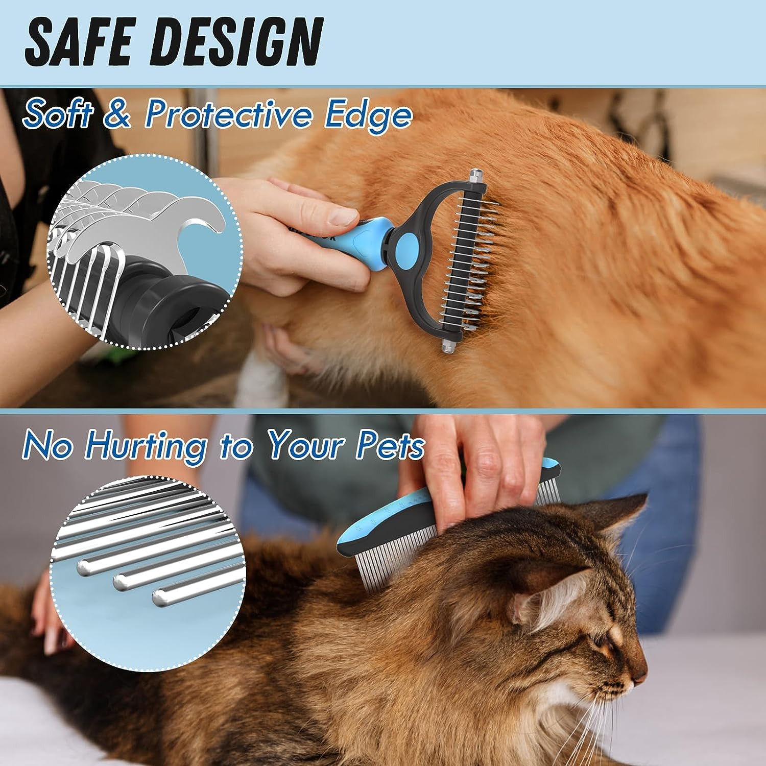 Pet Grooming Combo - Blue Deshedding Brush with Metal Comb for Detangling and De