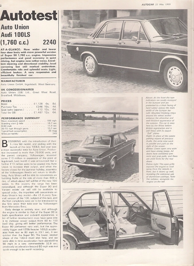 Auto Union Audi 100 LS 4-dr Road Test 1969 UK Market Sales Brochure Autocar - Image 2 of 2