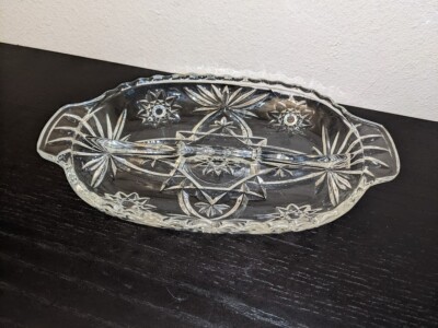1967 KROMEX CUT GLASS 10'' RELISH DISH SERVING TRAY DIVIDED STARBURST