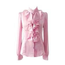 Ladies Ruffled Top Shirt Button Down Blouse Workwear Office Long Sleeve Fashion
