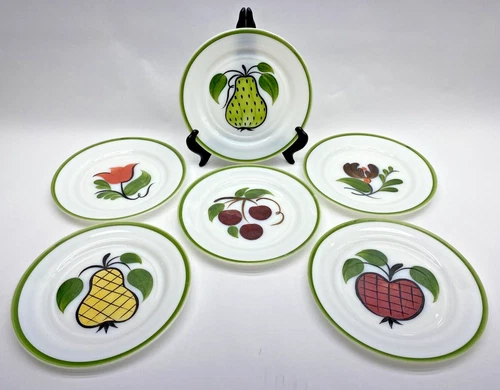 Vintage Hazel Atlas Hand Painted Luncheon Plates 9" Green Rim Fruit Flower Lot 6