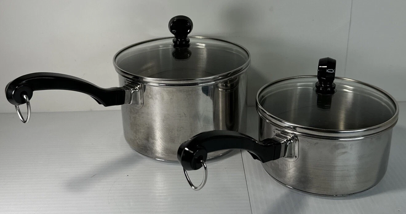Farberware 1 & 2 Qt Sauce Pan Stainless Steel Aluminum USA w/ Clear Lids