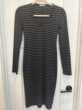 Zara Trafaluc Navy Striped Midi Bodycon Dress Size Medium V Neck Long Sleeve