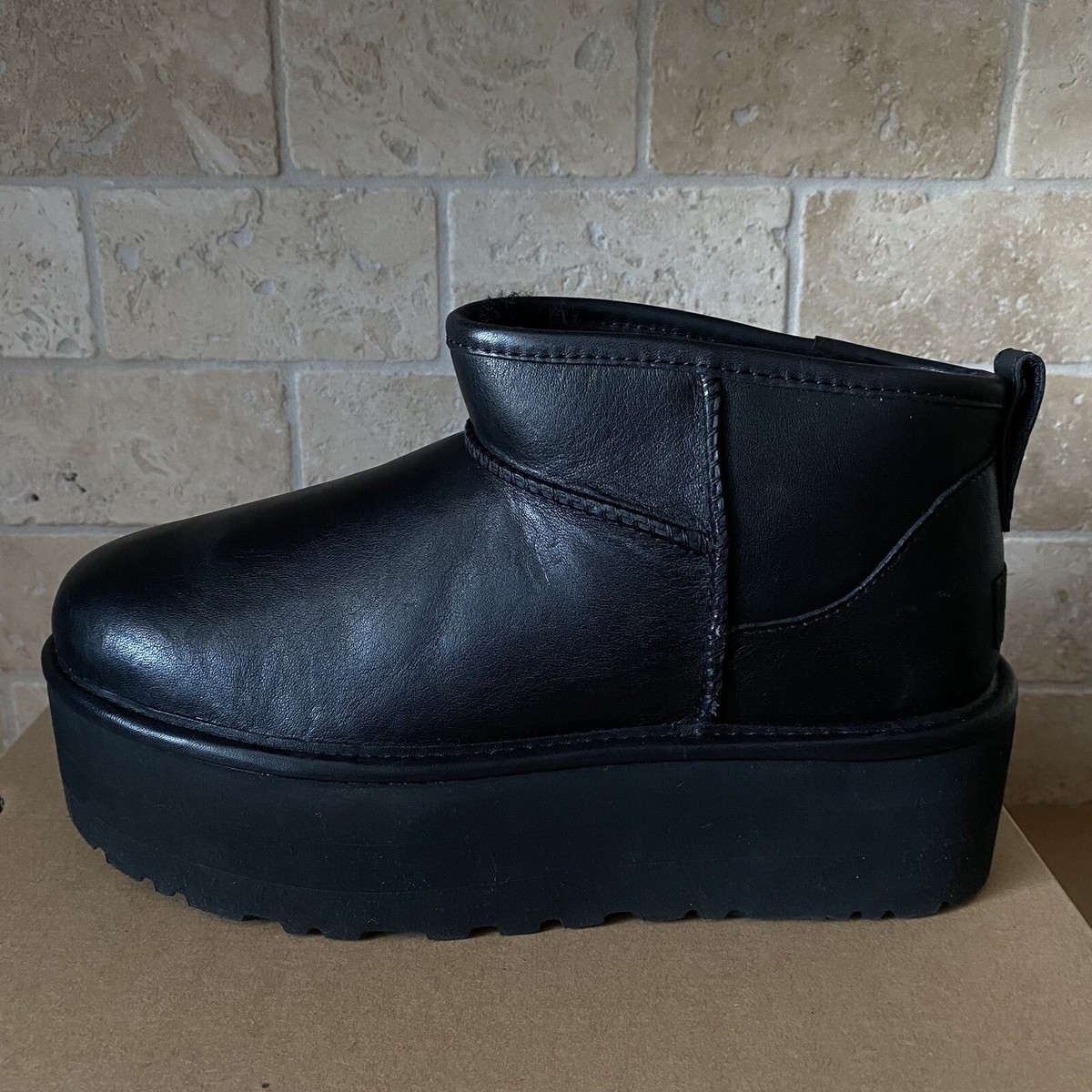 UGG Classic Ultra Mini Platform Black Leather Ankle Boots
