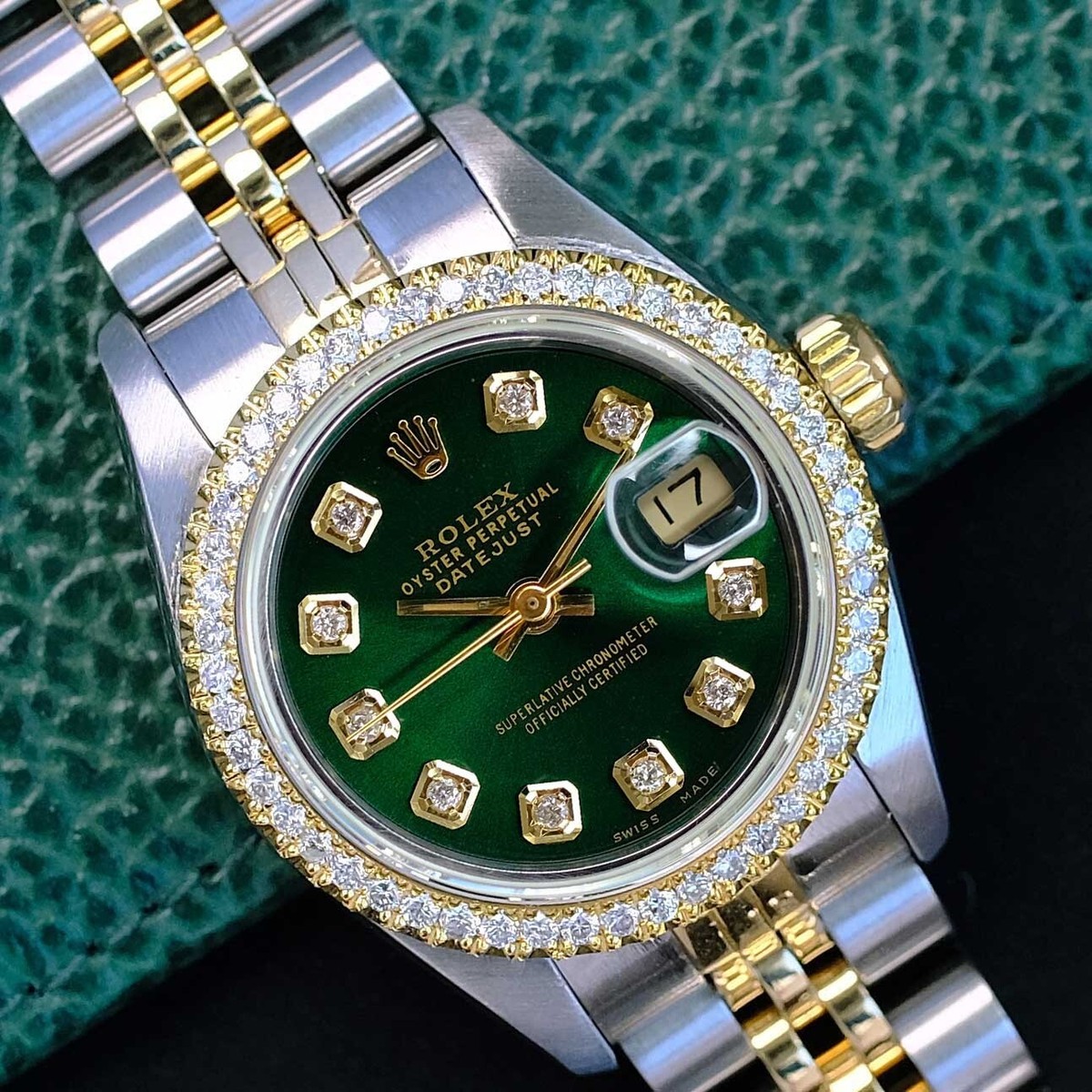Rolex Ladies Datejust 69173 18K Gold Steel Green Diamond Dial