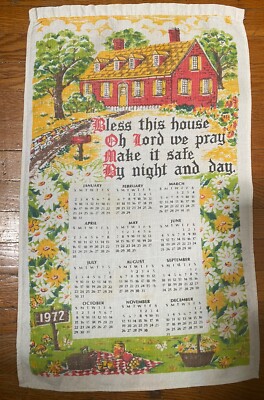 Vintage 1972 Calendar Tea Towel Linen Kitchen Bless This House Oh Lord We Pray