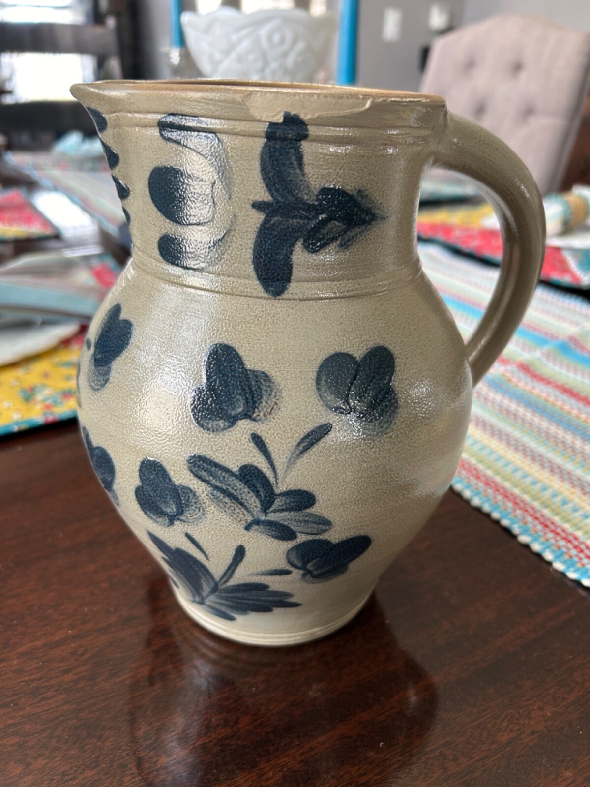 Vintage 1989 Wisconsin Pottery MEL 9" Salt Glaze Crock Pitcher Blue